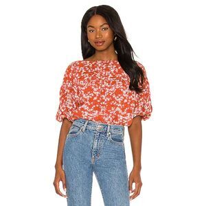 Free People Dessa Bodysuit Orange Floral Puff Sleeves Size XS